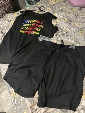 Source Unknown Black Tank Top and Shorts Set with Rainbow Text